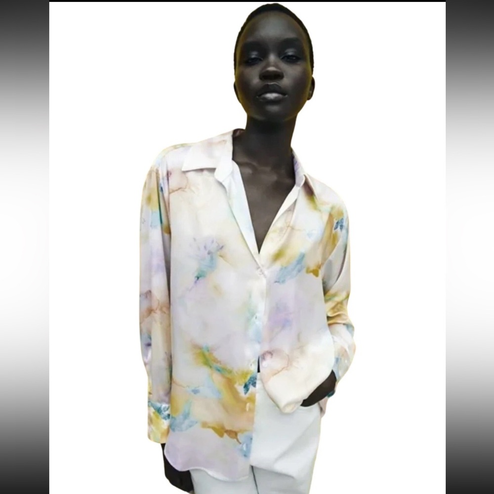ZARA Watercolor Tie Dye Satin Button Down Blouse